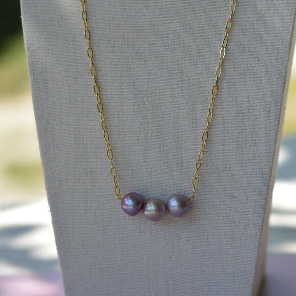 22" Natural Purple Edison Pearl Necklace – Gold Plated Chain - Picture 4 of 7